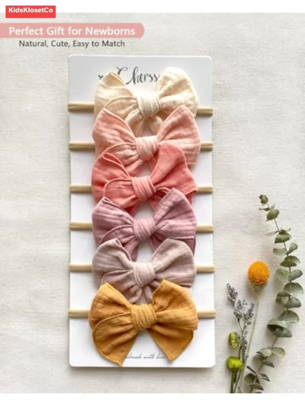 6 Pack Baby Girl Muslim Cotton Hair Bows Headbands Elastic Nylon